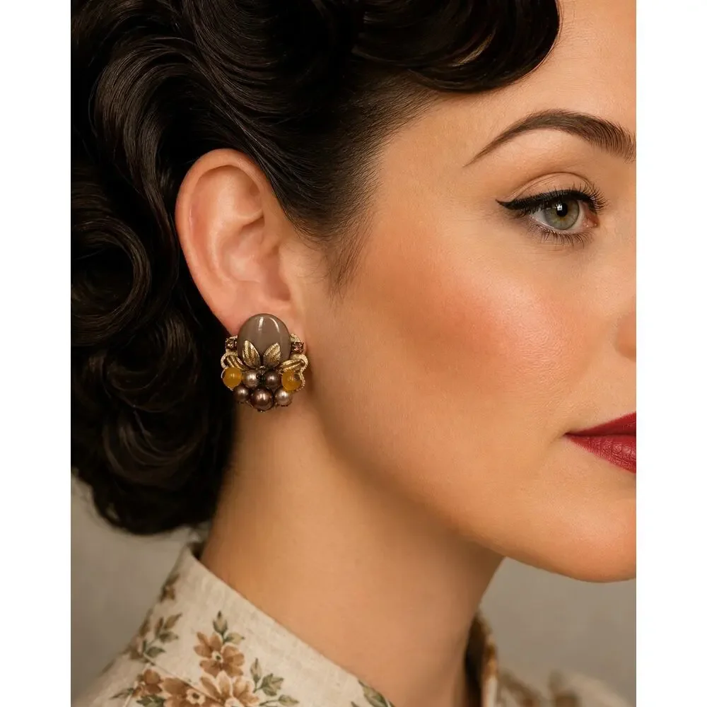 Vtg 50s Brown Lucite Bead Cluster Clip On Earrings Gold Tone Floral Statement